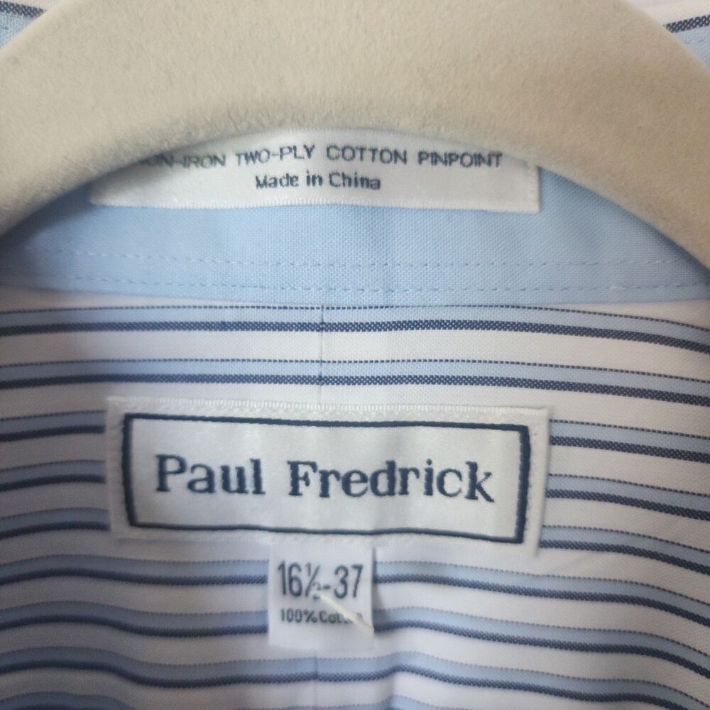 Paul Frederick 100% Cotton White Blue Striped Button Down Shirt Mens 16.5 - 37 - Picture 6 of 11